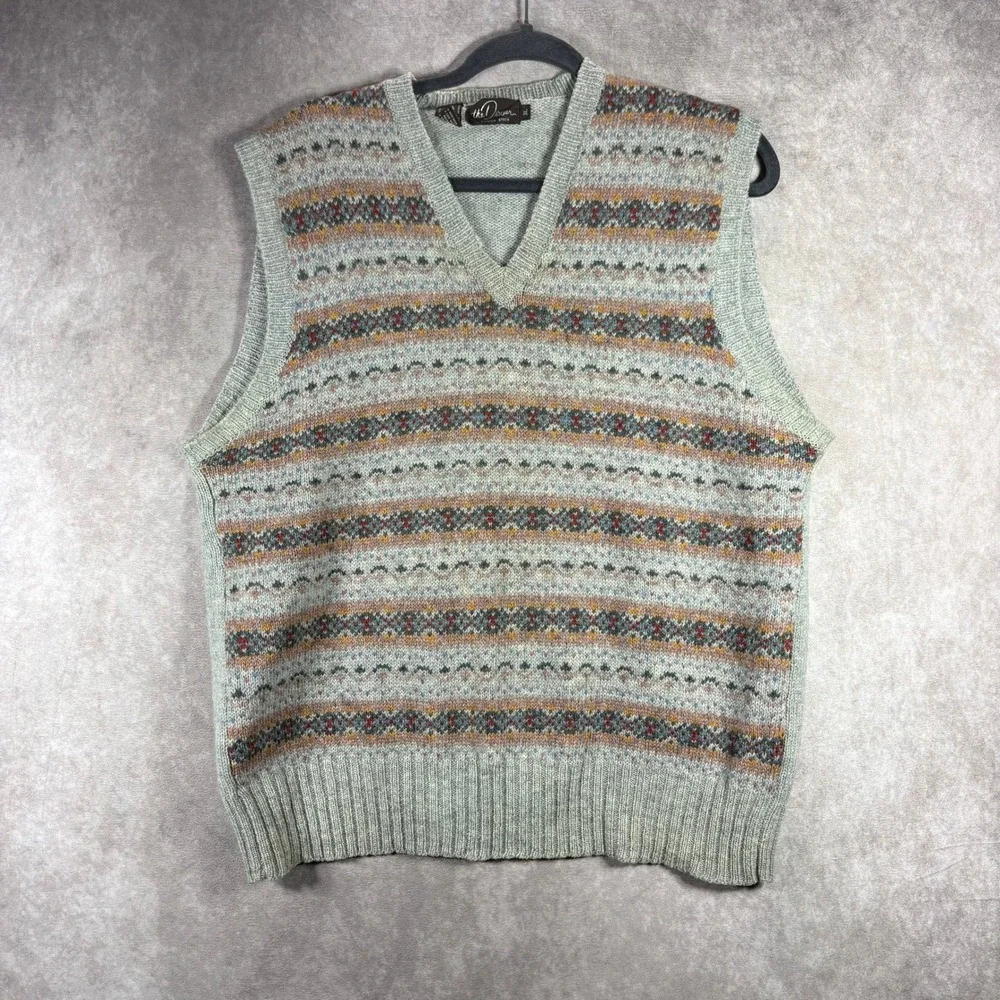 The Denver Sweater Vest Mens‎ XL Gray Fair Isle Private Stock Virgin Wool V-Neck